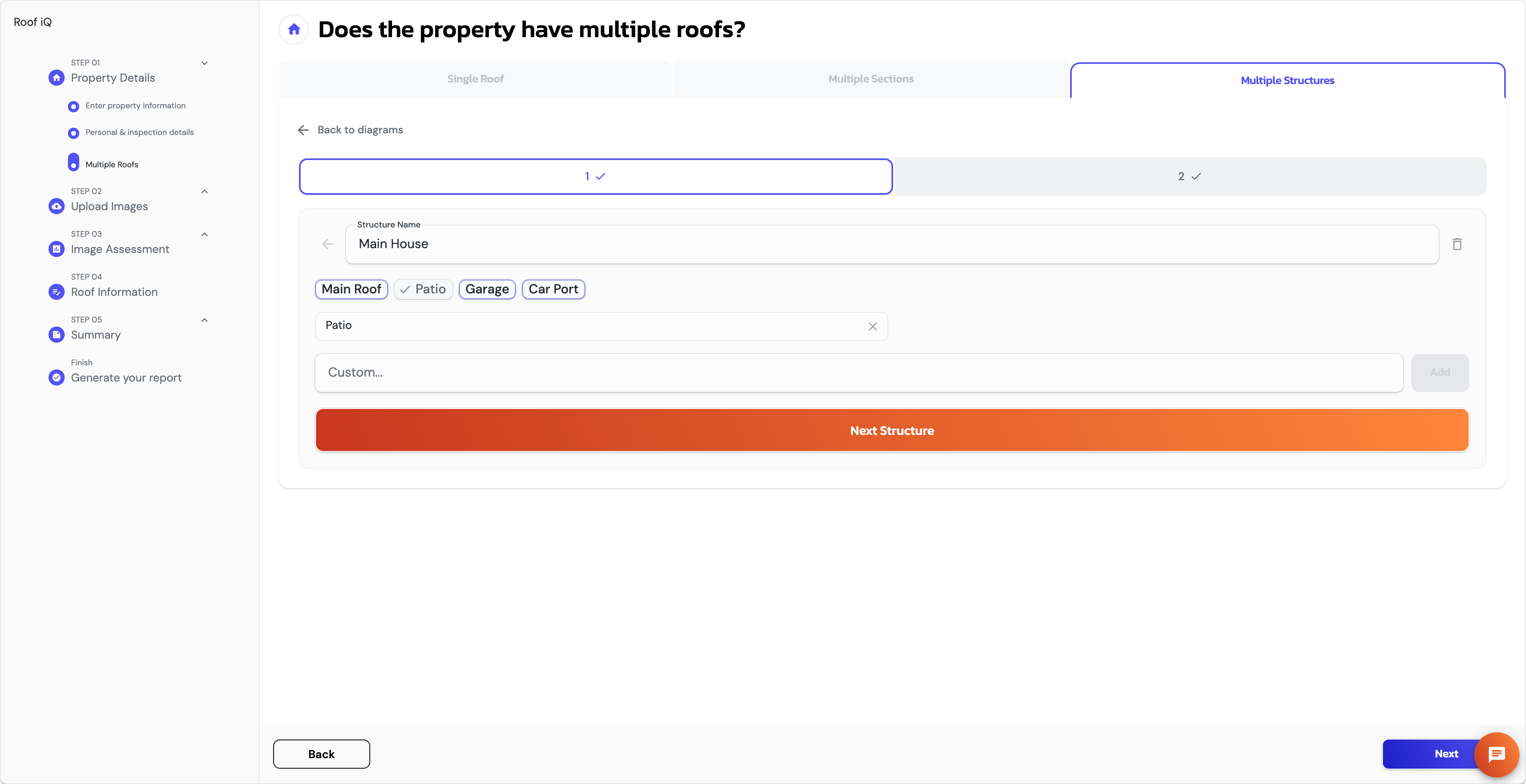 ARIS Detect Roof Information forms screen